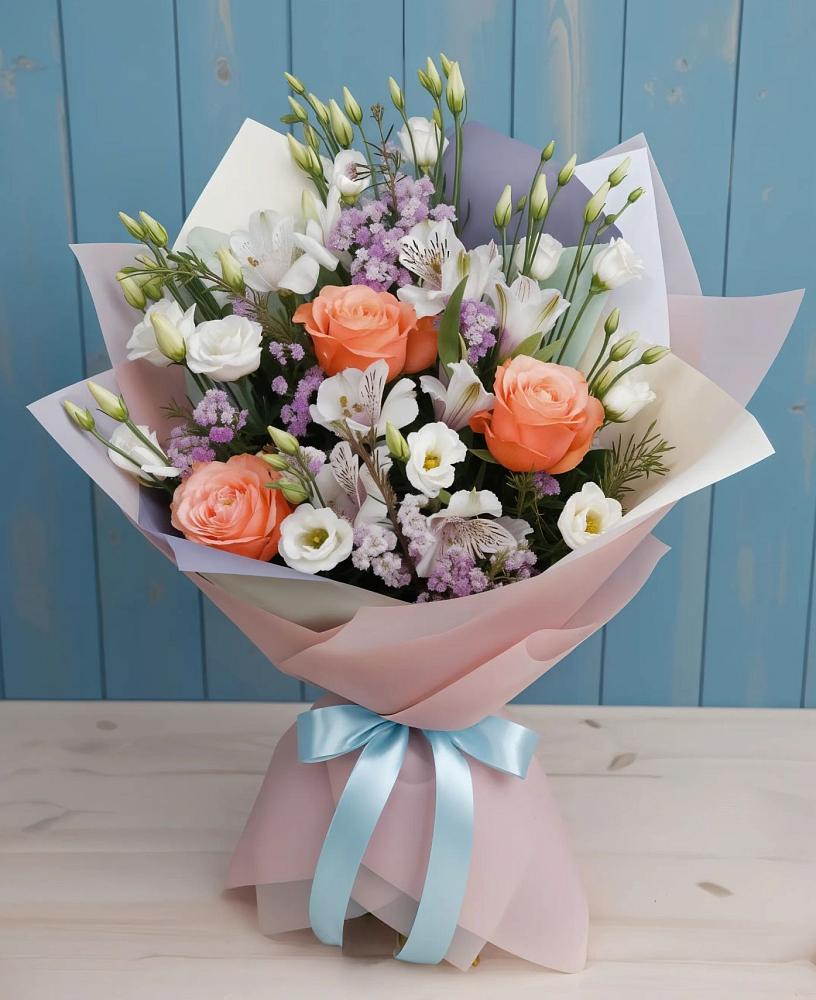 Букет цветов из: Лизиантусы, Розы, Альстромерии и Гипсофила в Павловка Башкортостан
