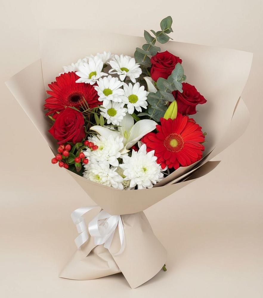 Букет цветов из: Розы, Хризантемы, Герберы и Лилии в Павловка Башкортостан