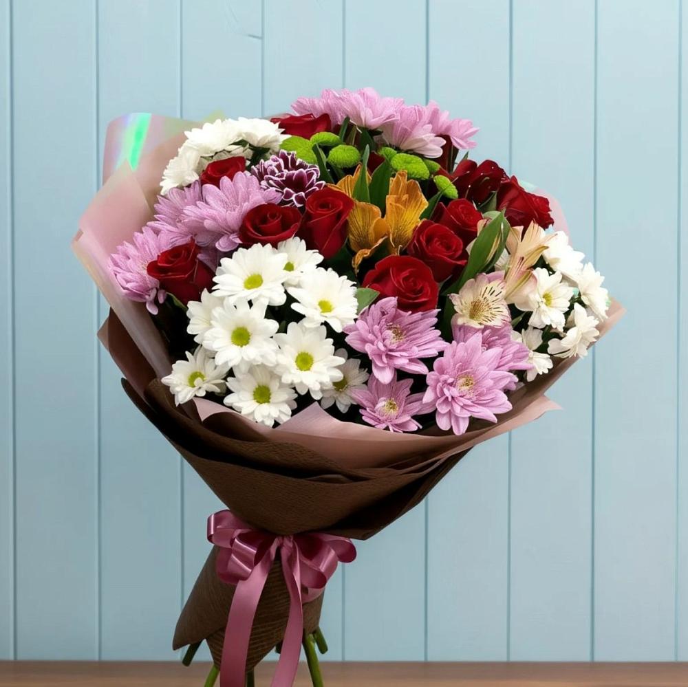 Букет цветов из: Розы, Хризантемы и Альстромерии в Павловка Башкортостан